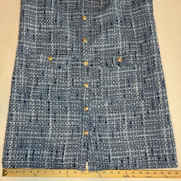 LOFT Womens Tweed Mini Pocket Dress 12 Blue Gold Buttons Fringe Old Money 60s - Picture 11 of 16